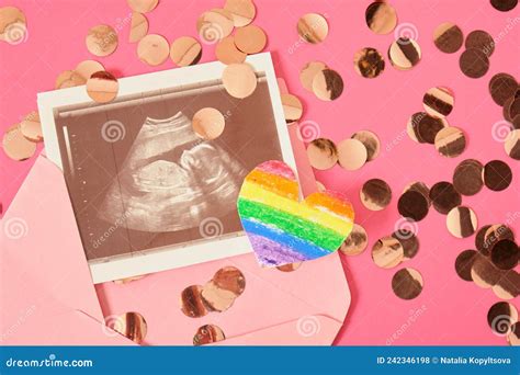 Heart With Rainbow And Pregnancy Ultrasound Scan In Pink Envelope Pregnancy And Lgbt Pride