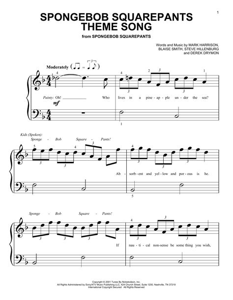 Spongebob Squarepants Theme Song Sheet Music By Mark Harrison Piano Big Notes 25547