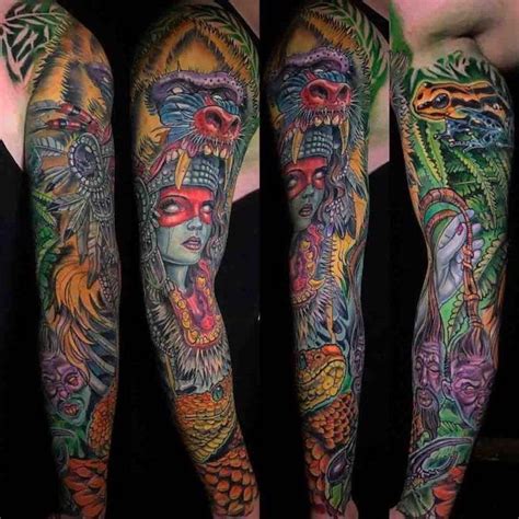 Aztec Theme Colourful Tattoo Female Half Sleeve Tattoos