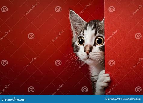 Frightened Cat Peeks Out From Corner On Red Background With Copy Space