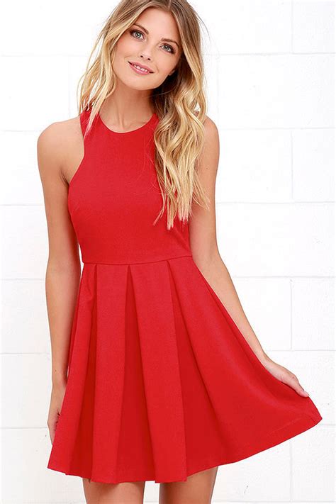 Cute Red Dress Pleated Dress Skater Dress 4600 Lulus
