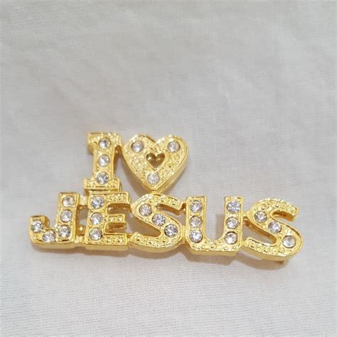 I Love Jesus Lapel Pin Brooch Costume Metal Gold Tone Rhinestone Made