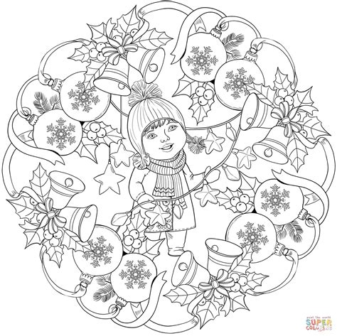 Mandala With Christmas Ornaments Bells And A Little Girl Coloring Page