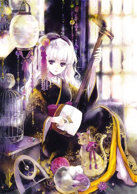 Anime Girl With Blonde Hair And Kimono Dress Cats