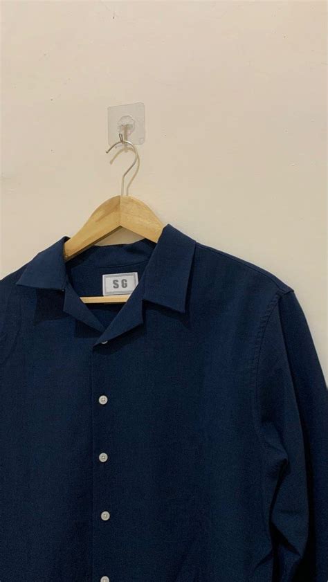 Kemeja Pria Lengan Panjang Navy Blue Sg Uniqlo Zara Camp Collar Long