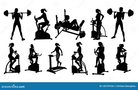 Gym Fitness Equipment Woman Silhouettes Set Stock Vector Illustration