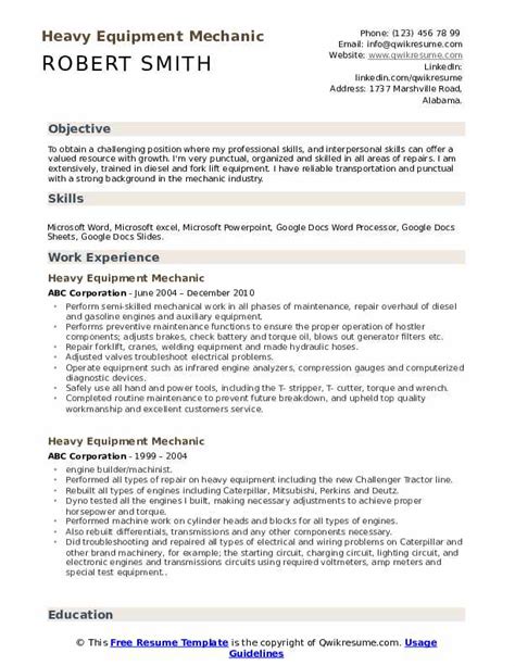 Experienced with stripping down our professional tips, templates, and example content will make your cv stand out for all the right reasons. Heavy Equipment Mechanic Resume Samples | QwikResume
