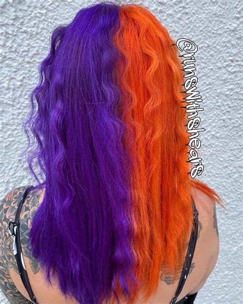 Purple Orange Split Split Dyed Hair Funky Hair Colors Dramatic
