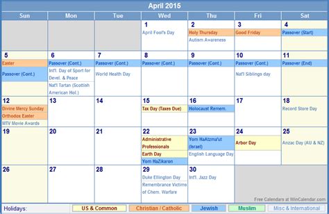 April 2015 Calendar With Holidays As Picture Calendar 2015 2015