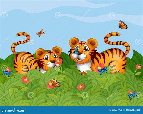 Two Tigers Playing In The Garden Stock Vector Illustration Of Natural