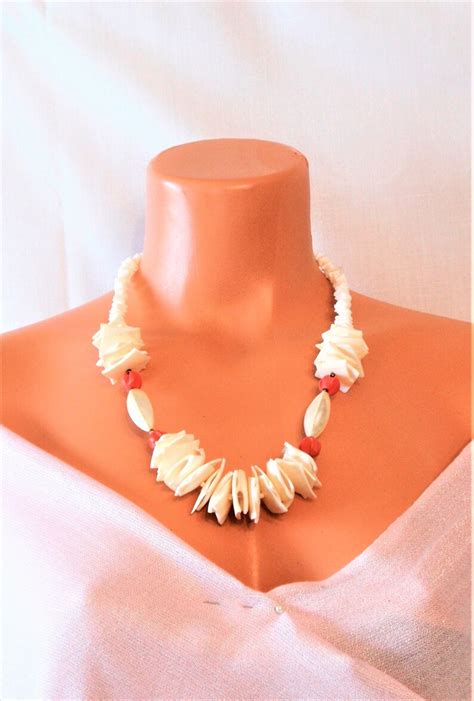 Vintage Chunky Mother Of Pearl Shell Andcoral Necklace 26 Etsy