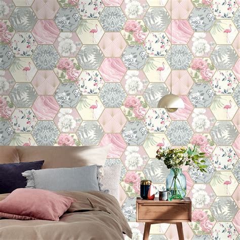 Rasch Patchwork Geometric Floral Metallic Hexagon Wallpaper Grey Pink