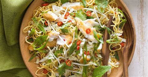 Then drain away the water and set the noodles aside. Warm fish and noodle salad