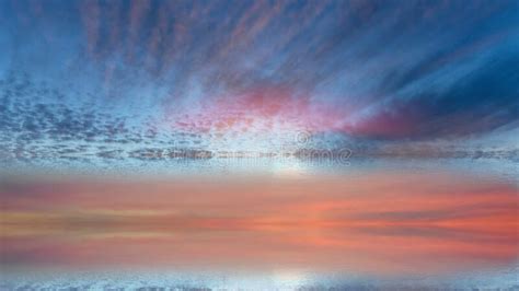 Blue Pink Sunset On Blue Pink Sky Yellow Clouds Skyline Water Sea