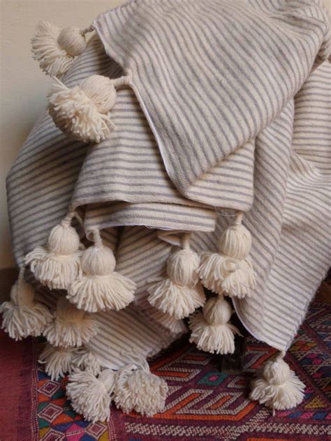 Moroccan Pom Pom Blankets With Tassels Throw Blankets Striped Etsy Canada