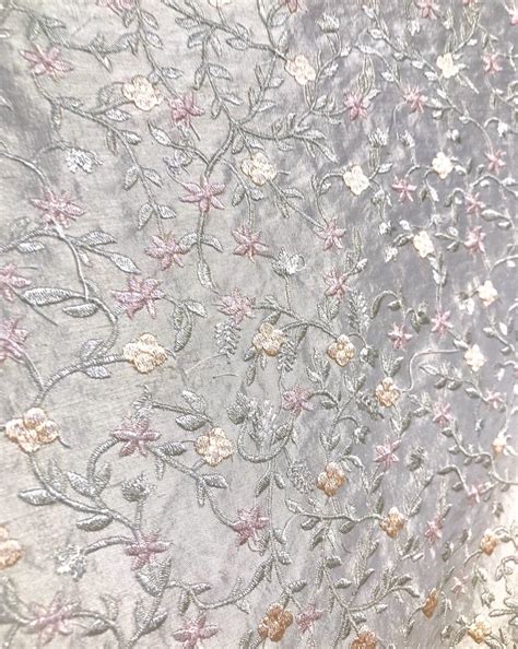 New 100 Silk Embroidered Taffeta Fabric Floral Gray Pink Floral