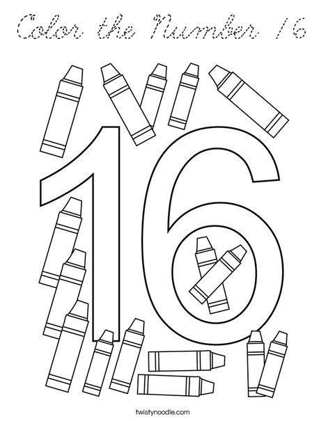 Print 1, 2 or 6 numbers per page. Color the Number 16 Coloring Page - Cursive - Twisty Noodle