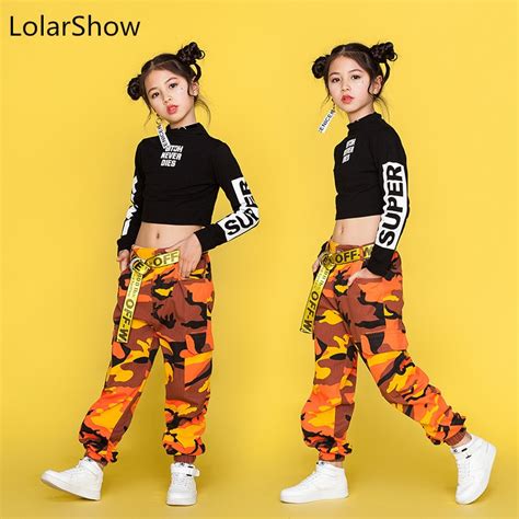 Jazz Dance Costumes For Girls Black Long Sleeve Tops Camouflage Pants