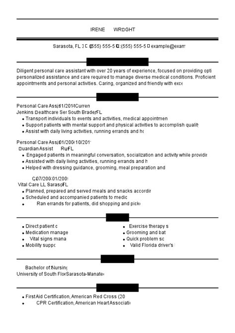 Professional Personal Care Assistant Resume Examples