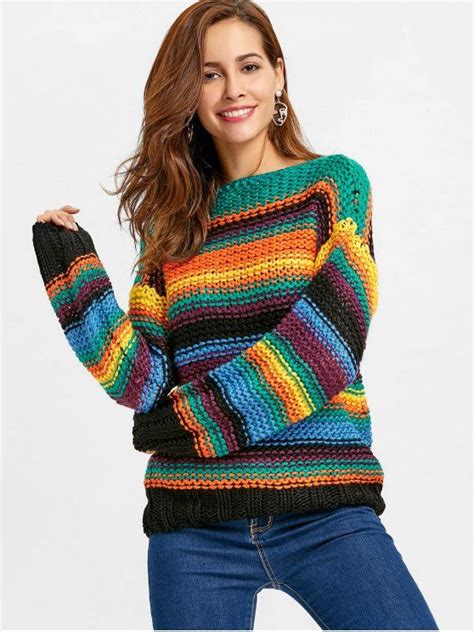 Slash Neck Chunky Knit Sweater Multi One Size Crochet Cardigan Sweater Hand Knitted Sweaters