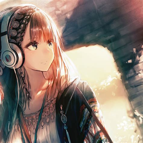 2048x2048 Anime Girl Headphones Looking Away 4k Ipad Air Hd 4k