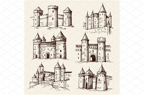 Medieval Castles Drawing Ancient Background Graphics ~ Creative Market