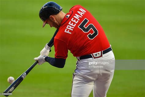 Atlanta Braves First Baseman Freddie Freeman Hits The Ball During The