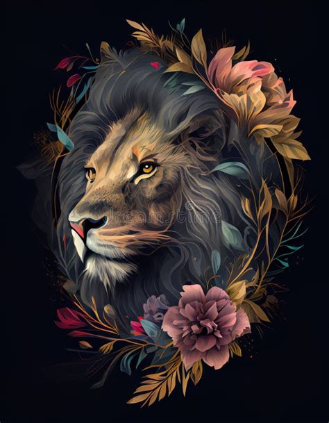 Lion Head With Flowers And Leaves On Black Background Generative Ai