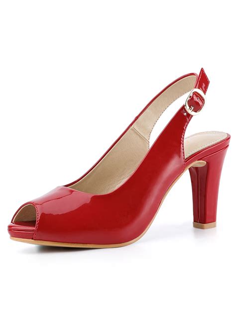 Unique Bargains Womens Peep Toe Dress Slingback Chunky Heel Pumps Red