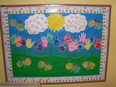 The group art the children made is cute into shapes to become the buildings, yellow squares and rectangles are cut to be windows, and we added the. 10 Attractive Spring Bulletin Board Ideas Preschool 2020