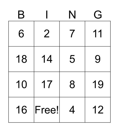 Numbers 1 20 Bingo Card
