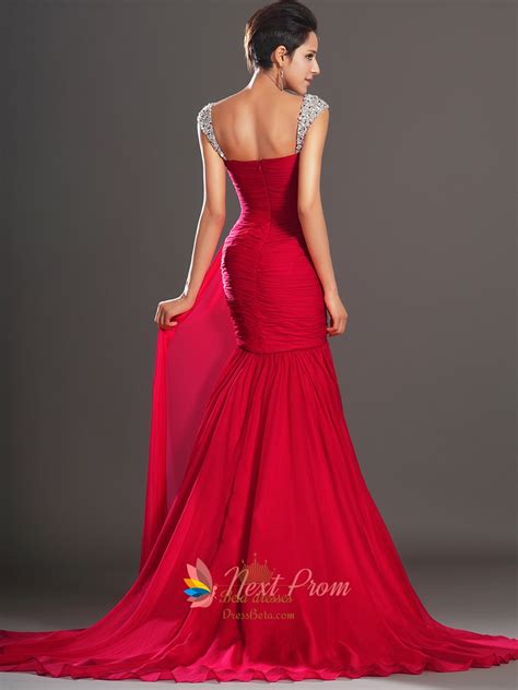 Red Mermaid Chiffon Prom Dresses With Sequin Straps Next Prom Dresses