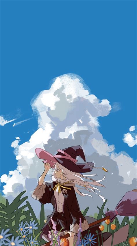 Witch Hat Clouds Leaves Hair Blowing In The Wind Flowers Witch