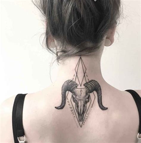 Neck and back pain is the experience of unpleasant sensations in one or more areas of your neck, mid and upper back, or low back. Ram Skull Tattoo on Back of Neck | Best Tattoo Ideas Gallery