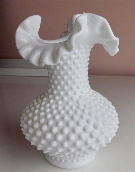Double Crimped Vase In Hobnail Milk Glass By Fenton Pure White Opaque Ruffled Edges Fluted 8