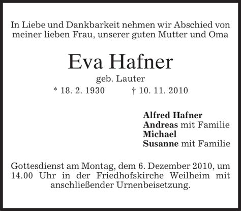 Traueranzeigen Von Eva Hafner Trauermerkurde