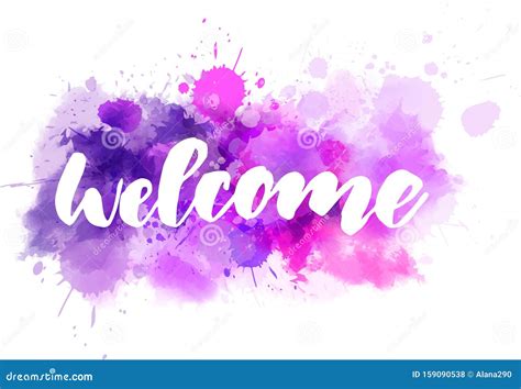 Welcome Lettering On Purple Watercolor Background Stock Vector