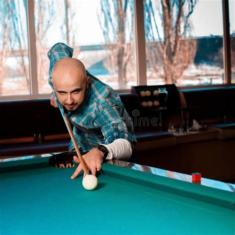 Square Photo Man Preparing To Hit The Cue Ball On A Pool Billiards Stock Image Image Of