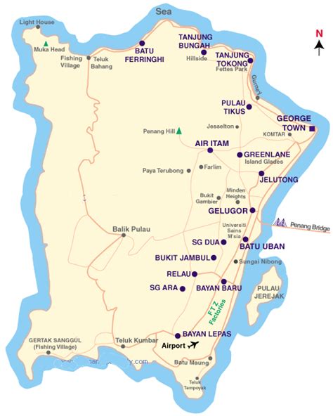 Pulau pinang, illa del príncep de. Puala Penang map directory, penang bridge, road map ...