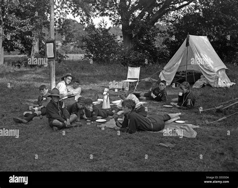 Boy Scouts Camp C 1930 With Tent Pitched And The Scouts And Scout