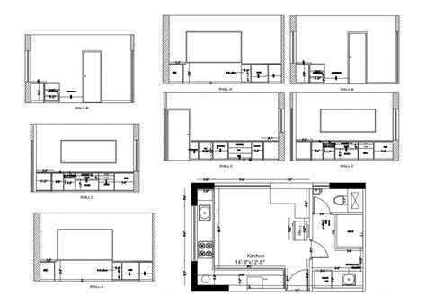 House Kitchen Sections Wall Plan And Plan With Furniture Cad Drawing