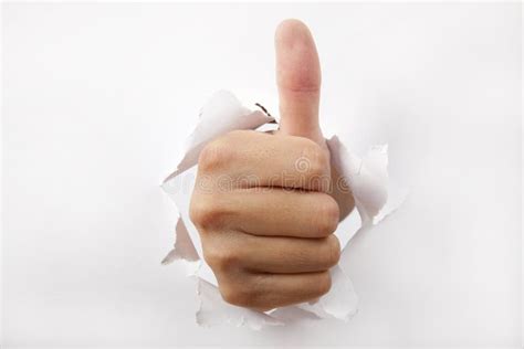 Hand Break Through The Paper With Thumb Up Stock Image Image Of Wall