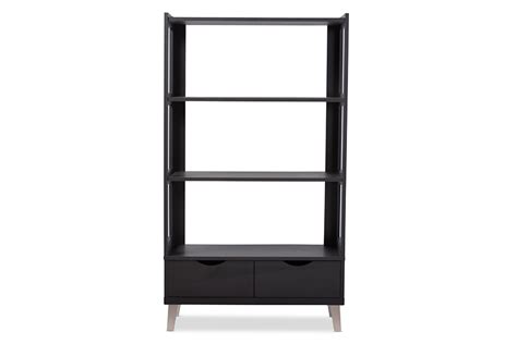 Dark Brown Wood Leaning Bookcase With Display Shelves Two Drawers