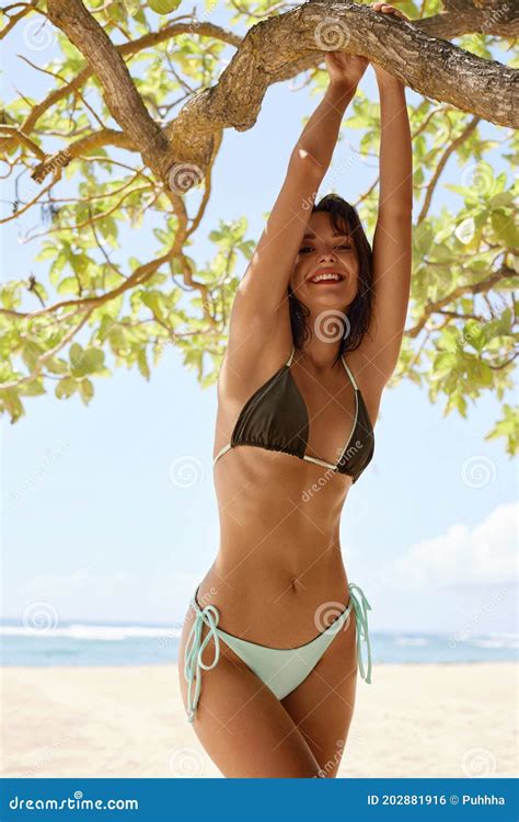 Beautiful Girl S In Stylish Bikini Portrait Posing On Sandy Beach In