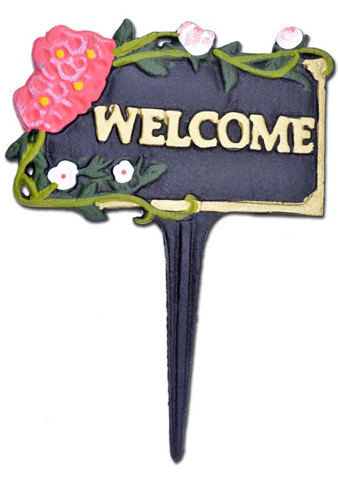 Welcome Garden Plaque Sign - Welcome Pink Flowers - Black Cast Iron - 7 