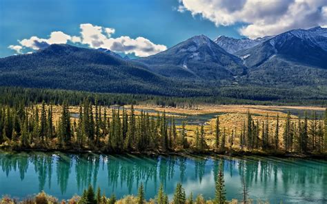 Bow River Alberta Canada Trees Mountains Clouds Wallpaper Nature