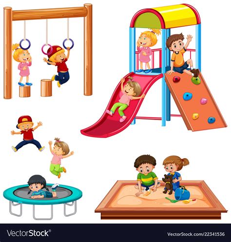Set Of Children Playing Playground Equipment Vector Image