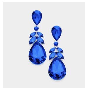 Long Silver Royal Blue Dangle Rhinestone Crystal Pageant Earrings