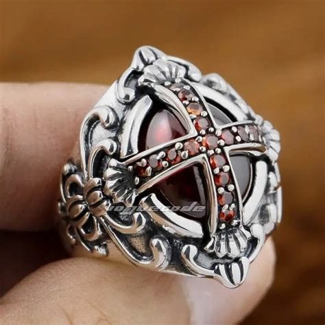 925 Sterling Silver Goth Big Red Cz Cross Gothic Punk Rock Mens Ring