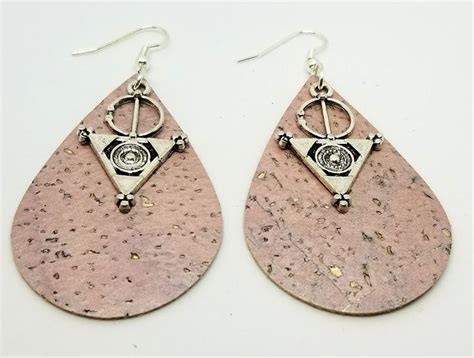 Soft Pink With Gold Flecks Tear Drop Shaped Cork Earrings With